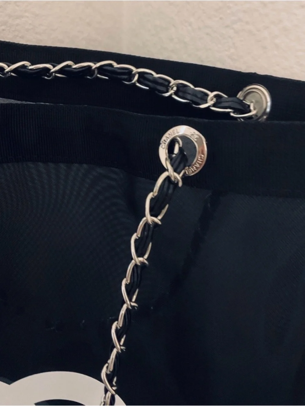 CHANEL Black Mesh Tote with White Logo and Matching Black Pouch - Picture 3 of 4